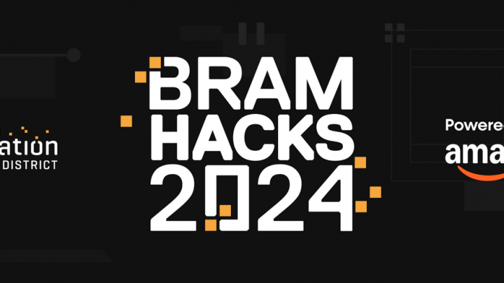 BramHacks 2024 logo with sponsorship by Amazon and presented by the Brampton Innovation District