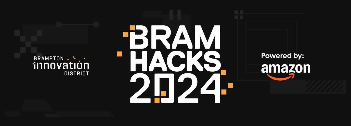 BramHacks 2024 logo with sponsorship by Amazon and presented by the Brampton Innovation District